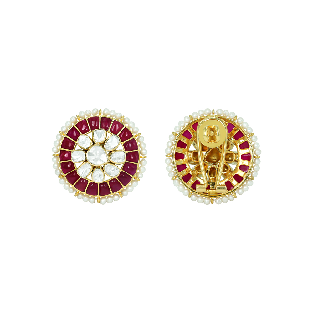 Ruby Coloured Talaf Studs with Polki Cluster and Pearl Detailing
